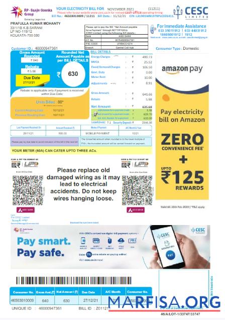 Realistic INDIA CESC LIMITED utility bill Word and PDF template, version 2